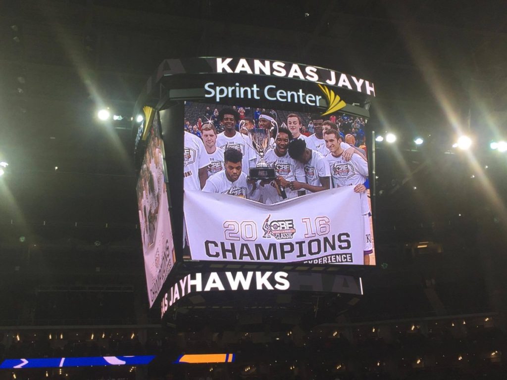 The No. 5 Jayhawks celebrate after beating Georgia to win the CBE Classic championship on Nov. 22, 2016. Photo by Ryan Landreth.