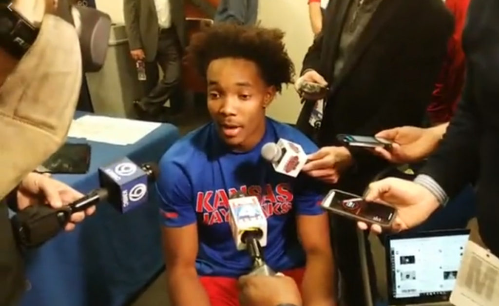 Devonte' Graham speaks to the media after KU's win over K-State. Photo by Joshua Brisco.