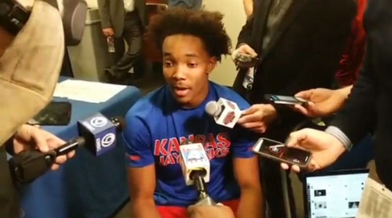 Devonte' Graham speaks to the media after KU's win over K-State. Photo by Joshua Brisco.
